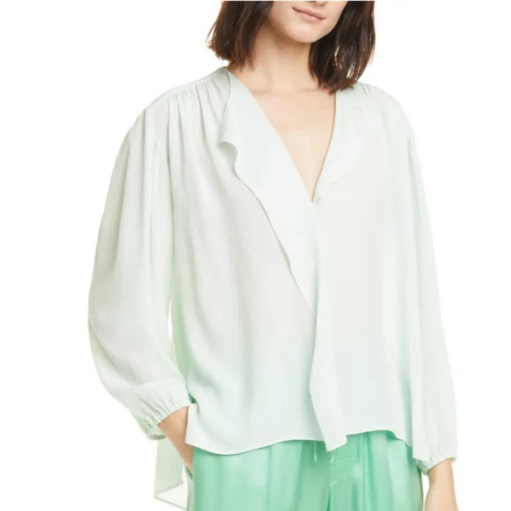 Vince Shirred Silk Blouse Sea Foam Top Long Sleeve Women’s Size Small NEW